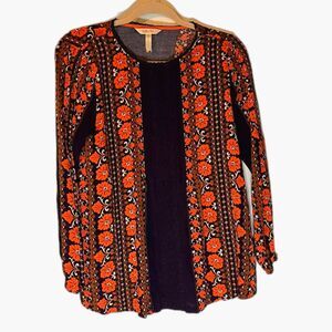 Matilda Jane Top S Navy Blue Orange Flowers Lng Sleeve Bohochic Colorful